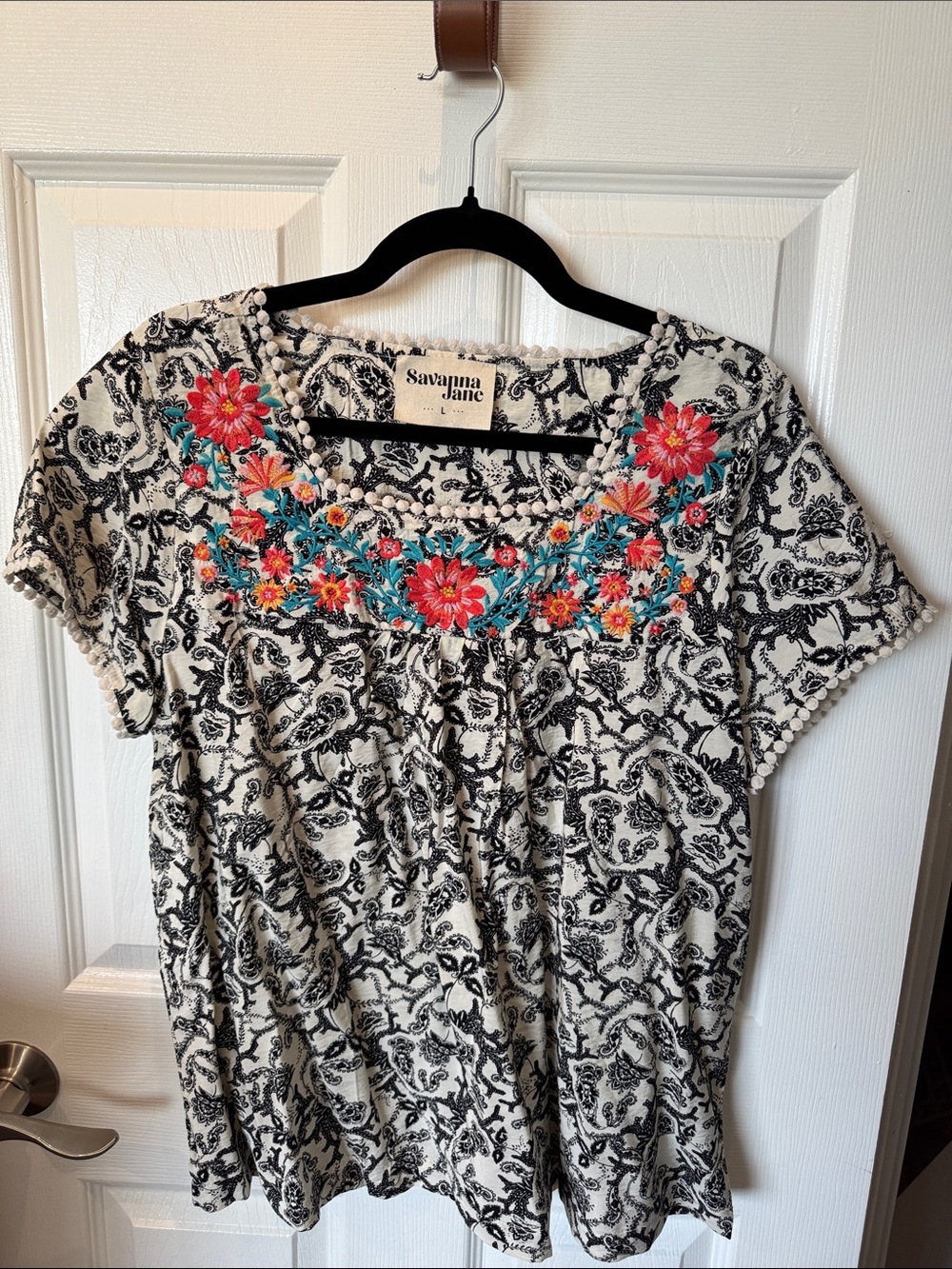 Savanna Jane Cream & Black Paisley Top with Bright Floral Embroidery